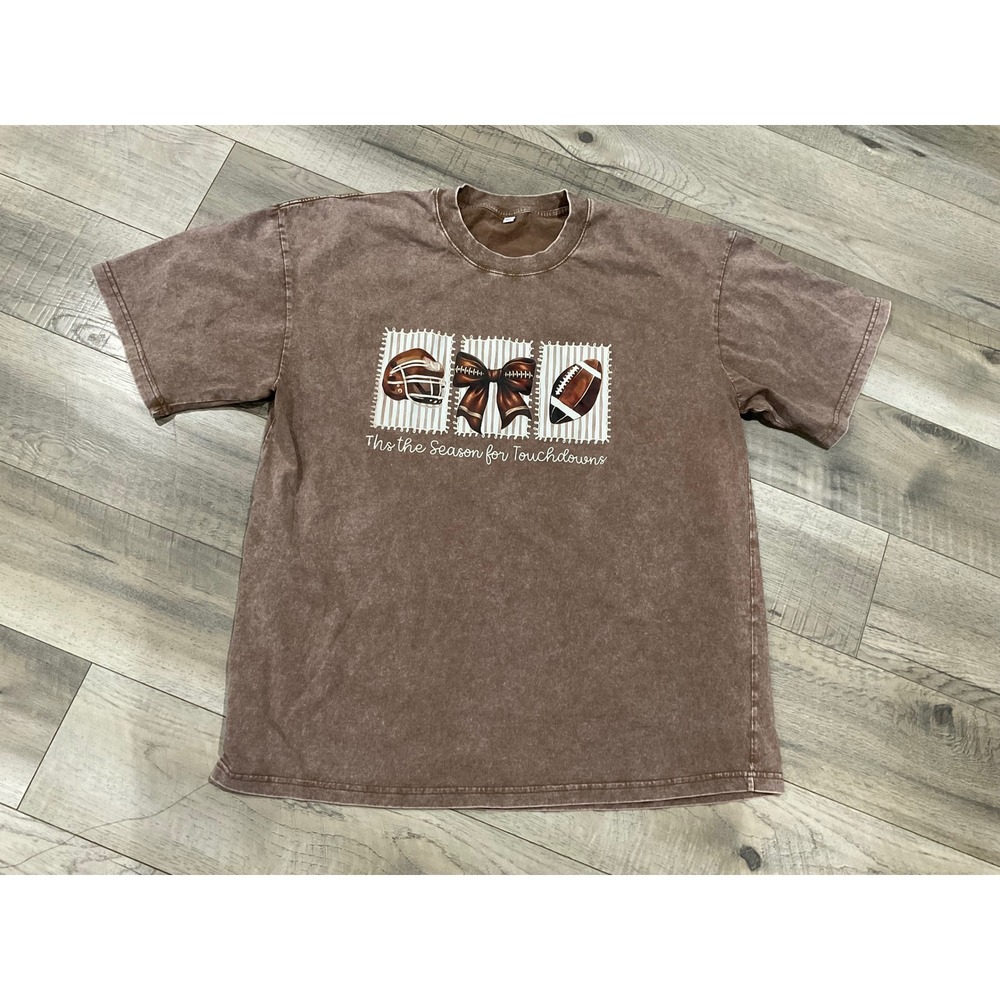 Tis the Season for Touchdowns Football Graphic Tee Brown Acid Wash XXL